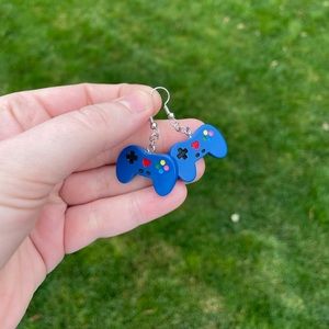 Resin Blue Controller Earrings with Silver Accents